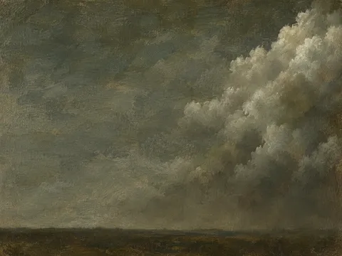 A dust haze over a flat horizon in olive, brown, charcoal, forest green; landscape artwork.