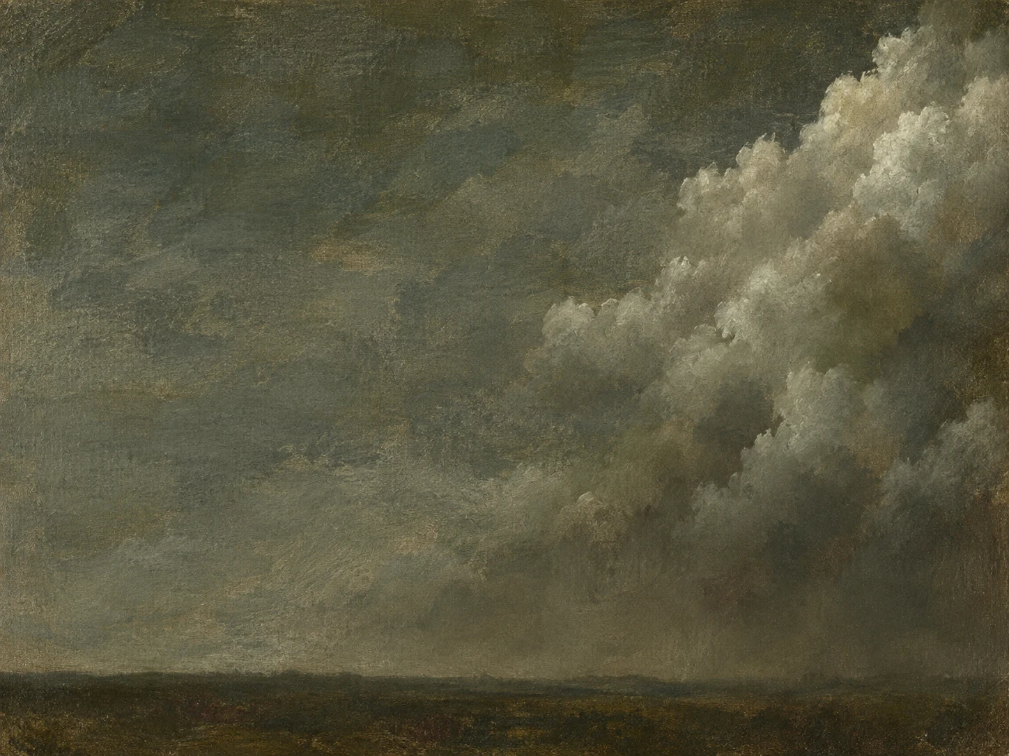 A dust haze over a flat horizon in olive, brown, charcoal, forest green; landscape artwork.