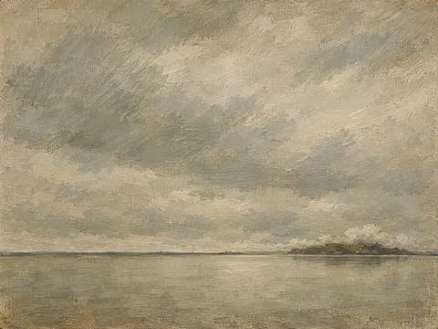 A still lake with cloud sitting on it in sage, sand, stone, gray; landscape artwork.