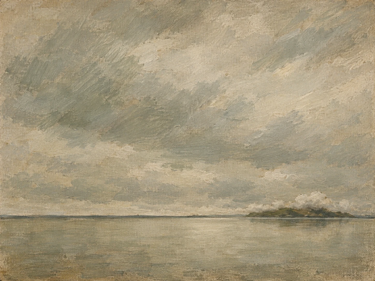 A still lake with cloud sitting on it in sage, sand, stone, gray; landscape artwork.