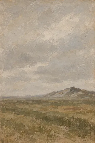 A ridge half erased by weather in sand, stone, taupe, olive; portrait artwork.