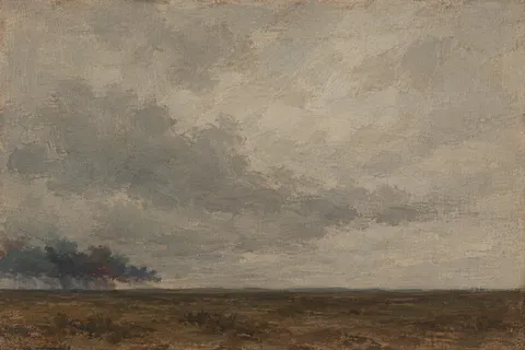 A squall line walking across open ground in gray, taupe, charcoal, sand; landscape artwork.