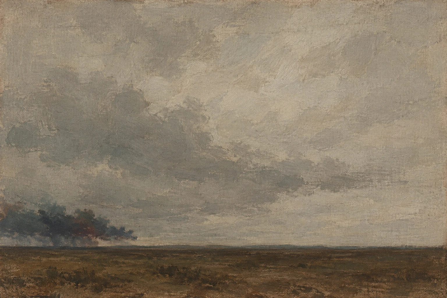 A squall line walking across open ground in gray, taupe, charcoal, sand; landscape artwork.