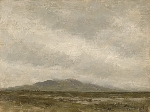 Sleet blurring a low moor in stone, sand, brown, taupe; landscape artwork.