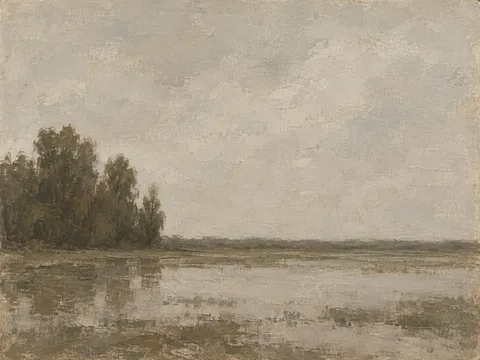 A flooded field under a flat white sky in stone, taupe, sand, gray; landscape artwork.