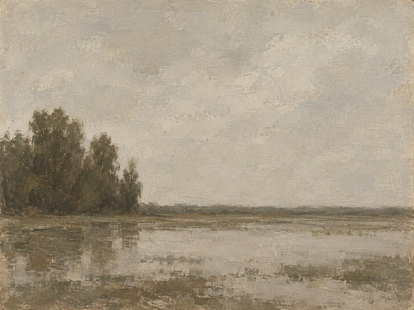 A flooded field under a flat white sky in stone, taupe, sand, gray; landscape artwork.