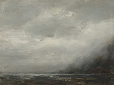 A bank of sea fog coming inland in gray, stone, charcoal; landscape artwork.