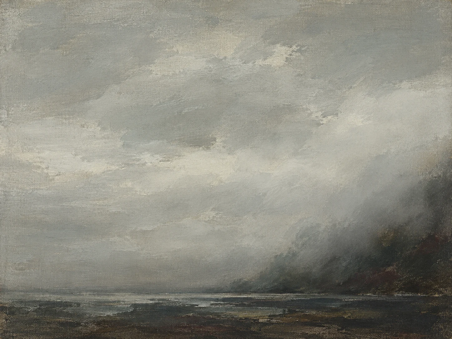 A bank of sea fog coming inland in gray, stone, charcoal; landscape artwork.