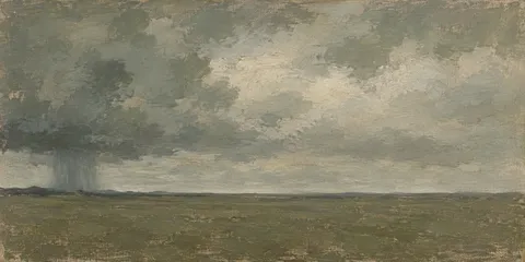 A rain column crossing a plain in olive, taupe, gray, sage; panoramic artwork.
