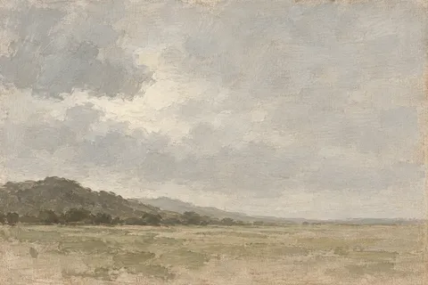 A break in cloud over low hills in stone, sand, cream, taupe; landscape artwork.