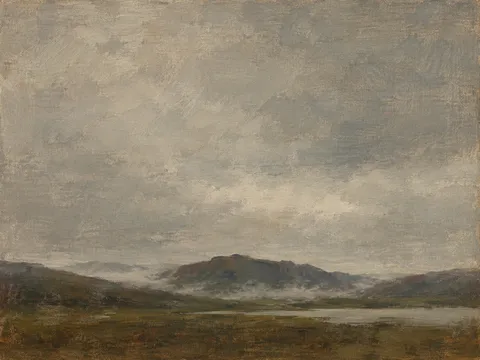 Fog holding in a shallow valley in gray, brown, sage, taupe; landscape artwork.