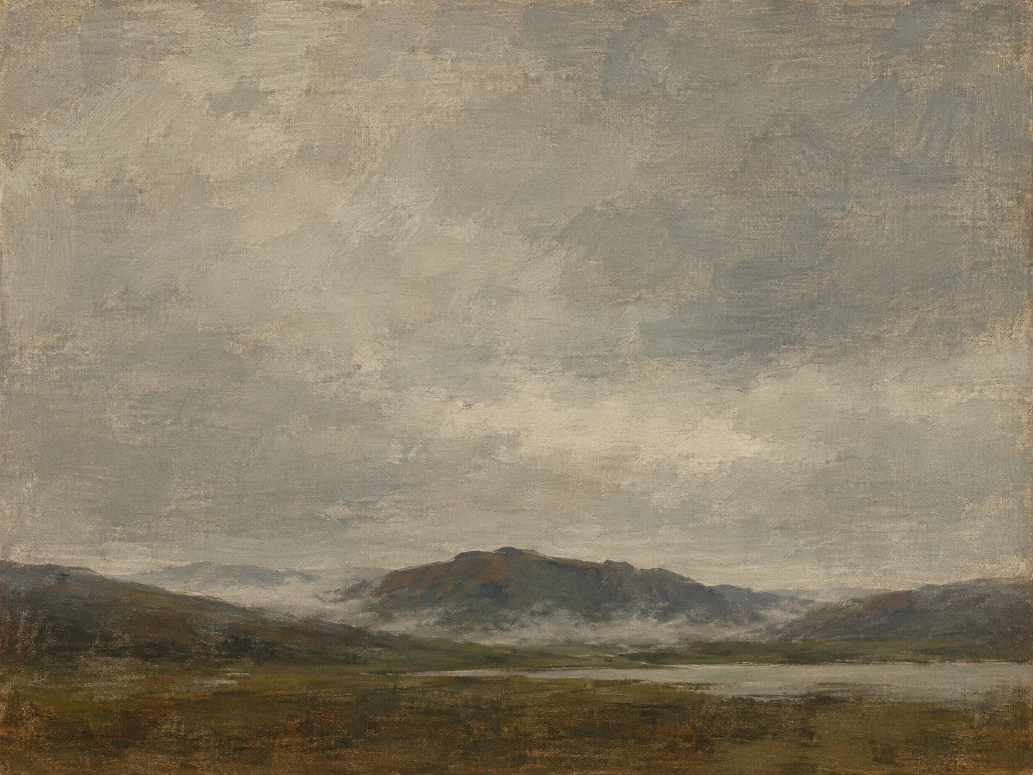 Fog holding in a shallow valley in gray, brown, sage, taupe; landscape artwork.