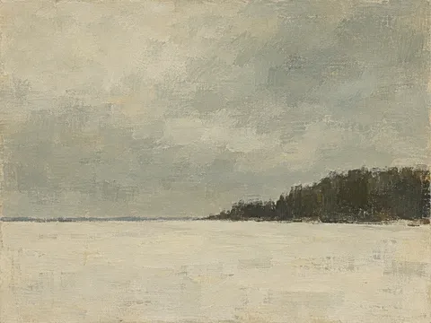 A snow field under a bruised sky in stone, sand, gray, olive; landscape artwork.