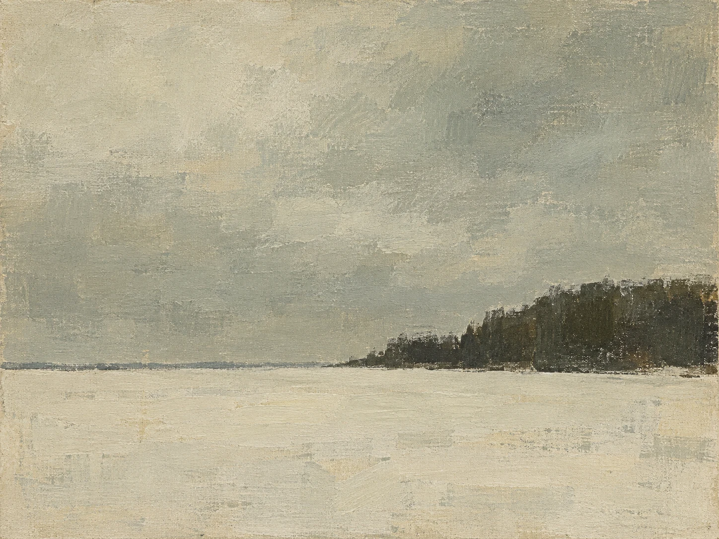 A snow field under a bruised sky in stone, sand, gray, olive; landscape artwork.