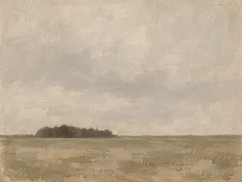 A single dark treeline under a wide sky in stone, sage, taupe, sand; landscape artwork.