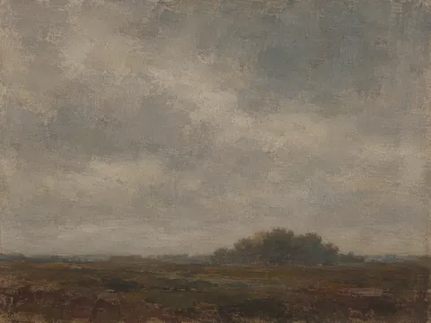 A dust haze over a flat horizon in gray, taupe, charcoal, brown; landscape artwork.