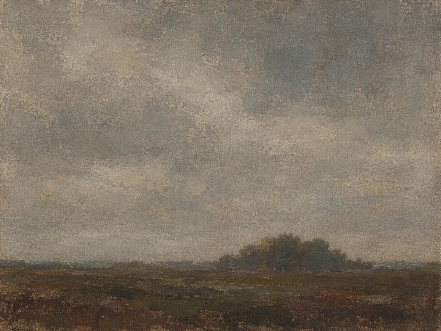 A dust haze over a flat horizon in gray, taupe, charcoal, brown; landscape artwork.