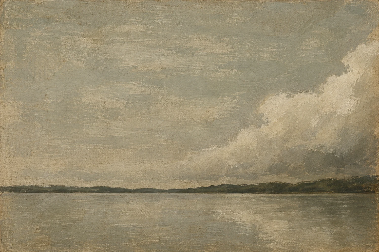 A still lake with cloud sitting on it in sage, taupe, sand, olive; landscape artwork.