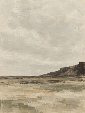 A ridge half erased by weather in stone, cream, sage, olive; portrait artwork.