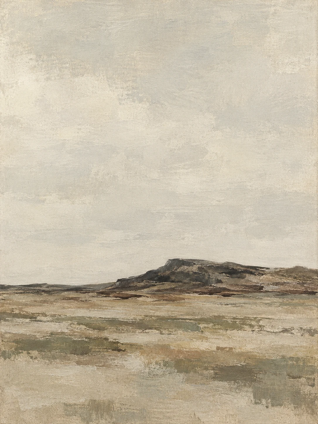 A ridge half erased by weather in cream, stone, sand, sage; portrait artwork.
