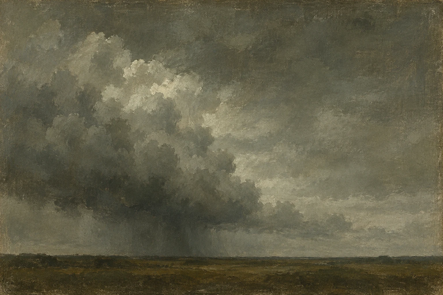 A squall line walking across open ground in olive, charcoal, taupe, brown; landscape artwork.