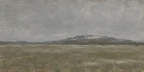 Sleet blurring a low moor in gray, olive, taupe; panoramic artwork.