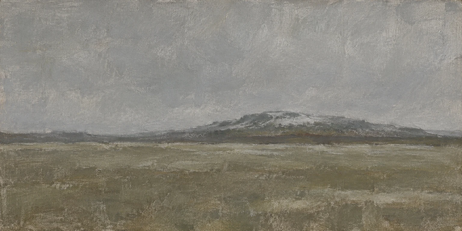 Sleet blurring a low moor in gray, olive, taupe; panoramic artwork.