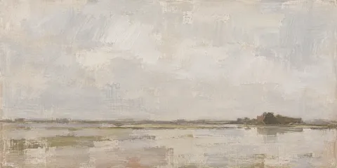 A flooded field under a flat white sky in stone, cream, gray; panoramic artwork.
