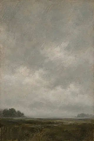 A bank of sea fog coming inland in gray, forest green, sand; portrait artwork.