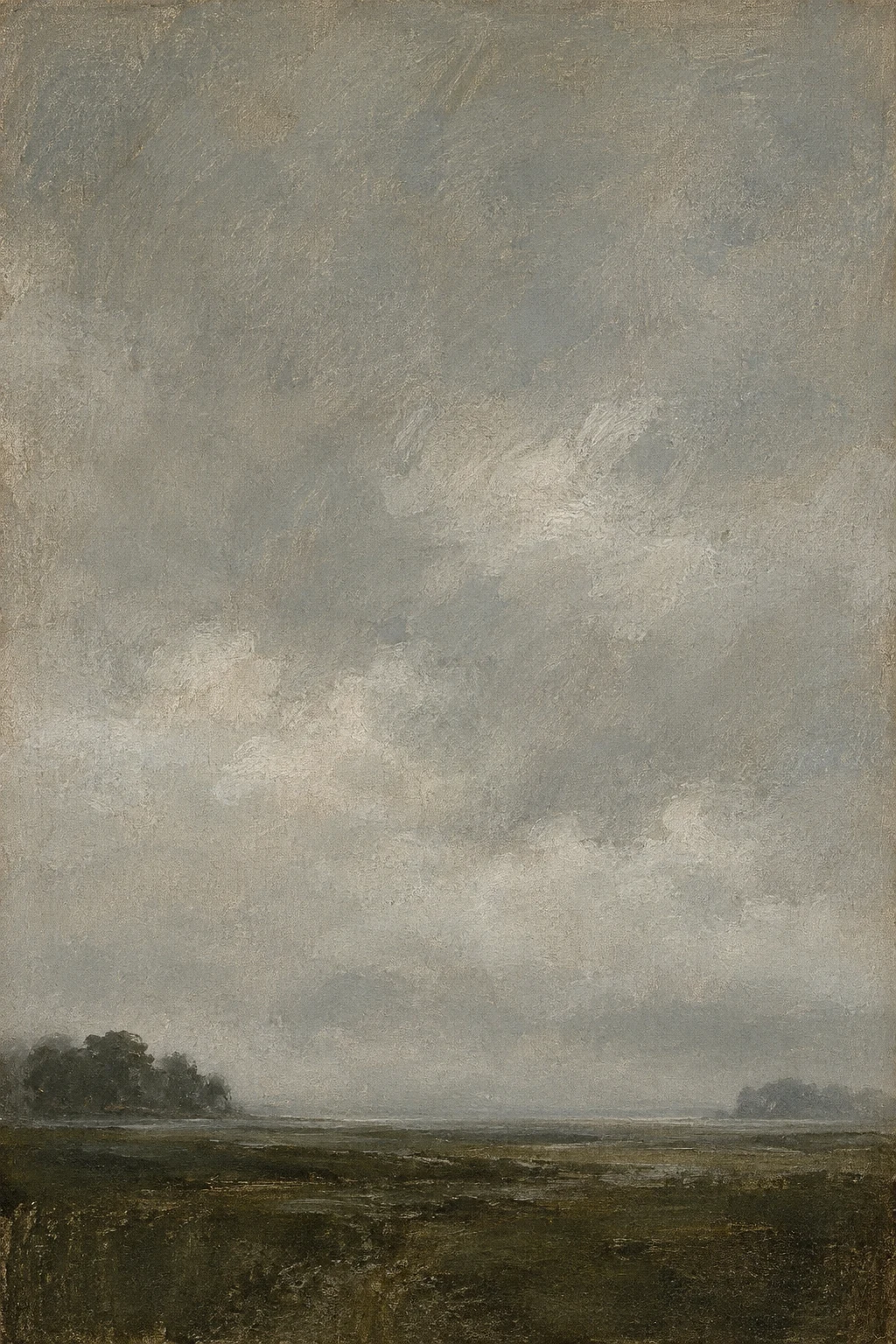 A bank of sea fog coming inland in gray, forest green, sand; portrait artwork.