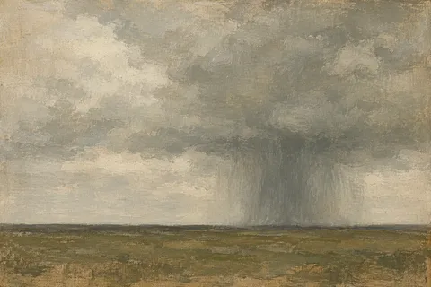 A rain column crossing a plain in stone, olive, sage, sand; landscape artwork.