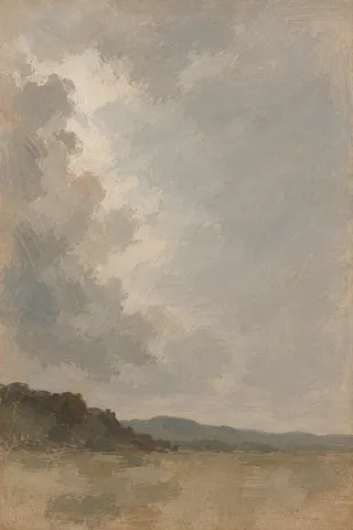 A break in cloud over low hills in gray, sand, taupe, stone; portrait artwork.