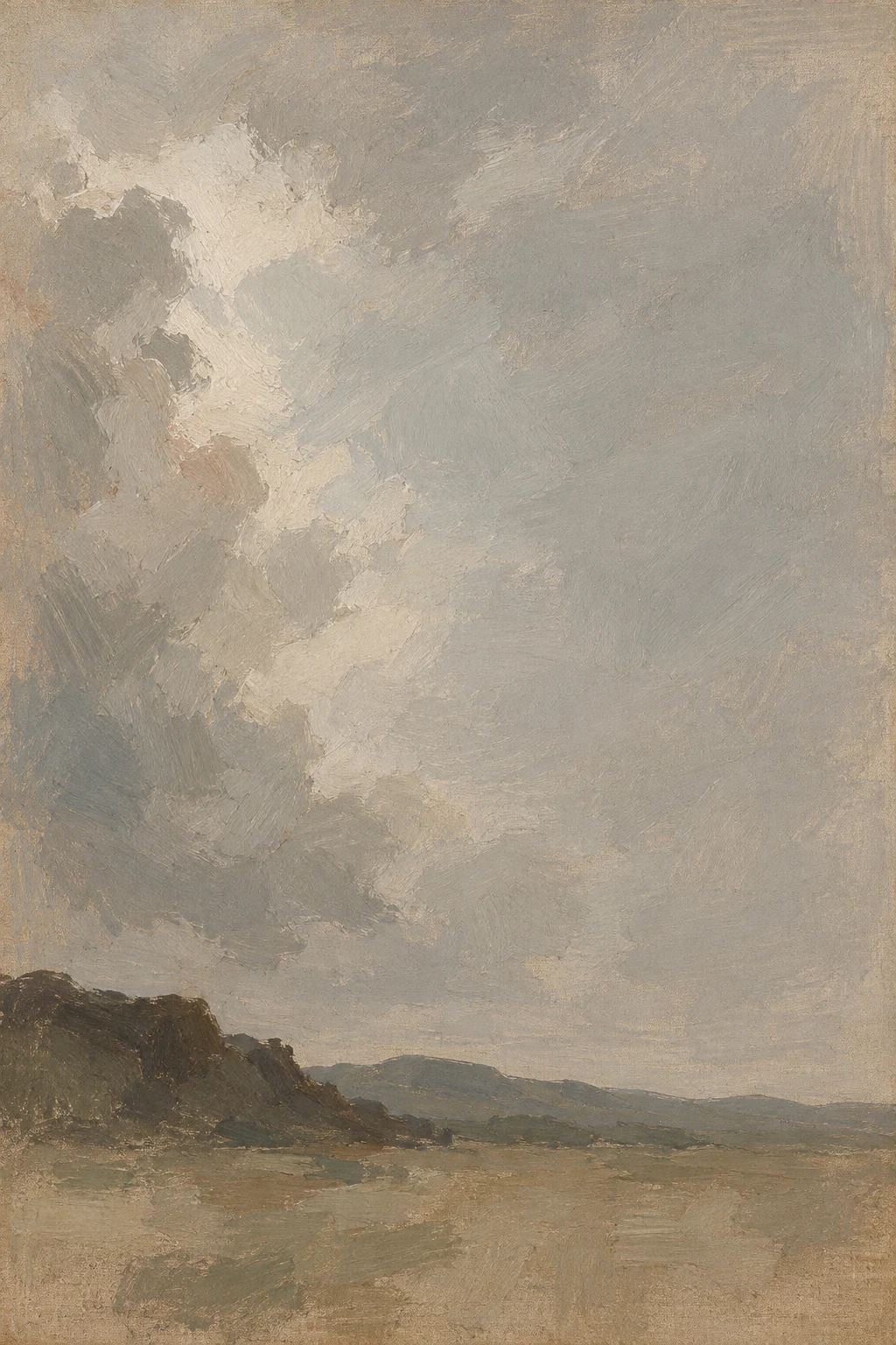 A break in cloud over low hills in gray, sand, taupe, stone; portrait artwork.