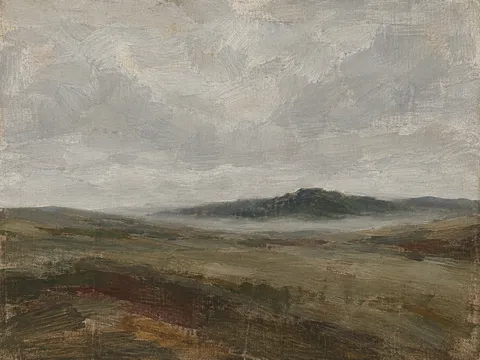 Fog holding in a shallow valley in stone, gray, olive, brown; landscape artwork.
