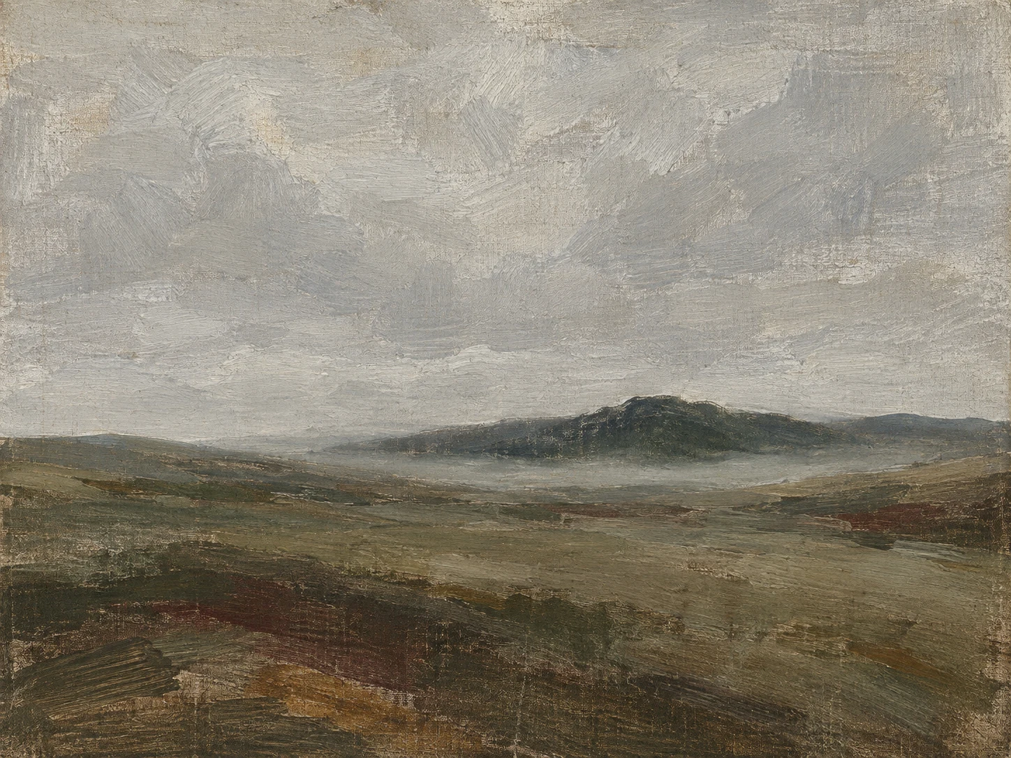 Fog holding in a shallow valley in stone, gray, olive, brown; landscape artwork.