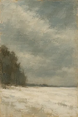 A snow field under a bruised sky in stone, sage, gray, sand; portrait artwork.