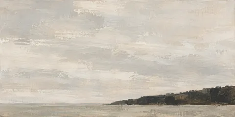 A single dark treeline under a wide sky in cream, stone, taupe; panoramic artwork.