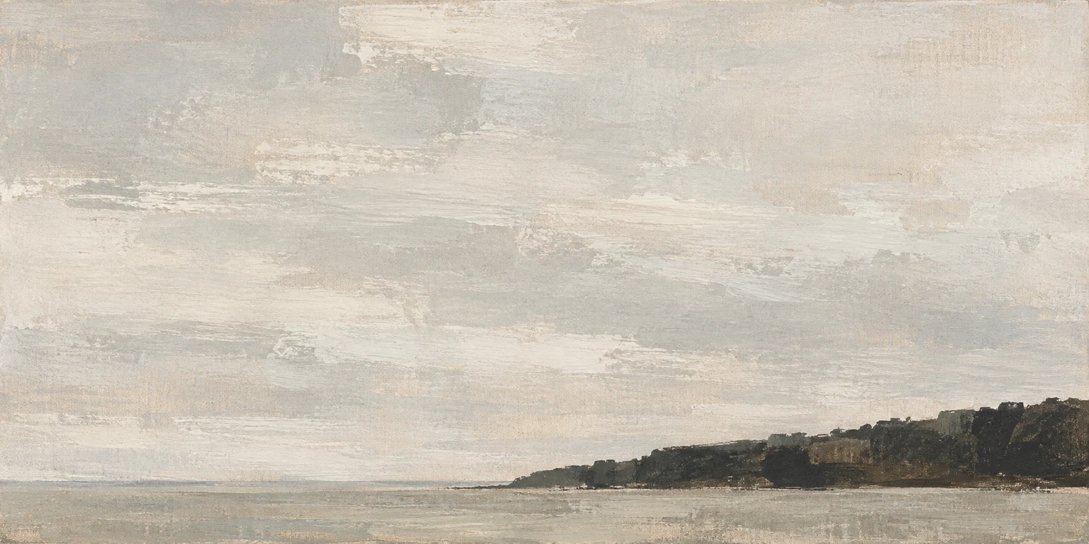 A single dark treeline under a wide sky in cream, stone, taupe; panoramic artwork.