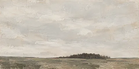 A single dark treeline under a wide sky in cream, stone, olive, sand; panoramic artwork.