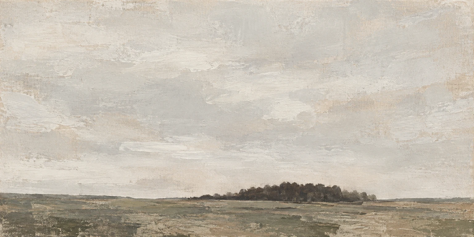 A single dark treeline under a wide sky in cream, stone, olive, sand; panoramic artwork.
