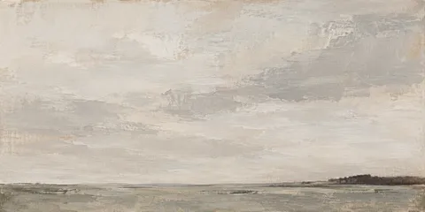 A single dark treeline under a wide sky in stone, cream, gray; panoramic artwork.