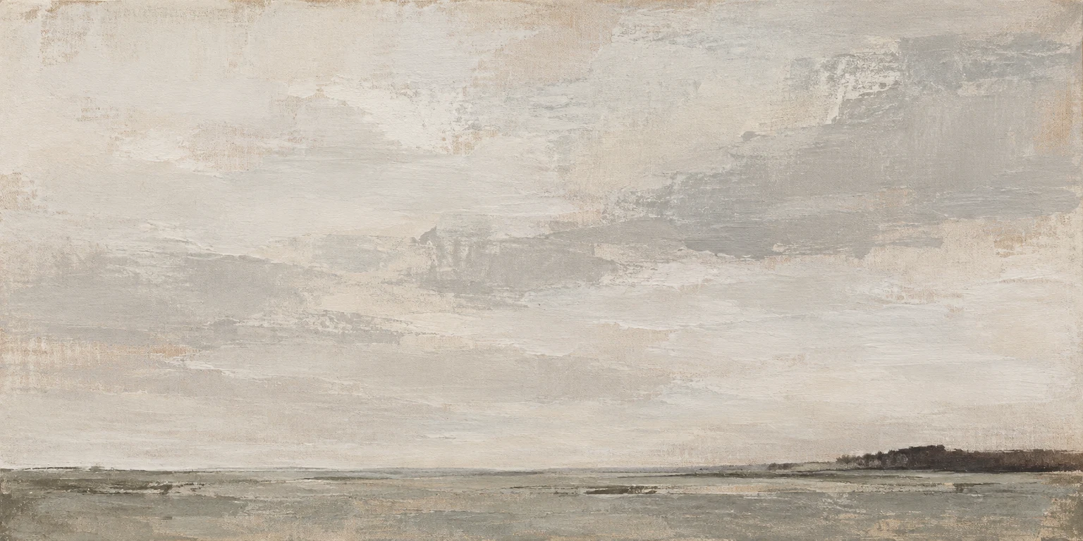A single dark treeline under a wide sky in stone, cream, gray; panoramic artwork.