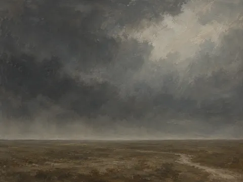 Charcoal and slate painted sky above an empty umber plain, with a faint pale track in the foreground