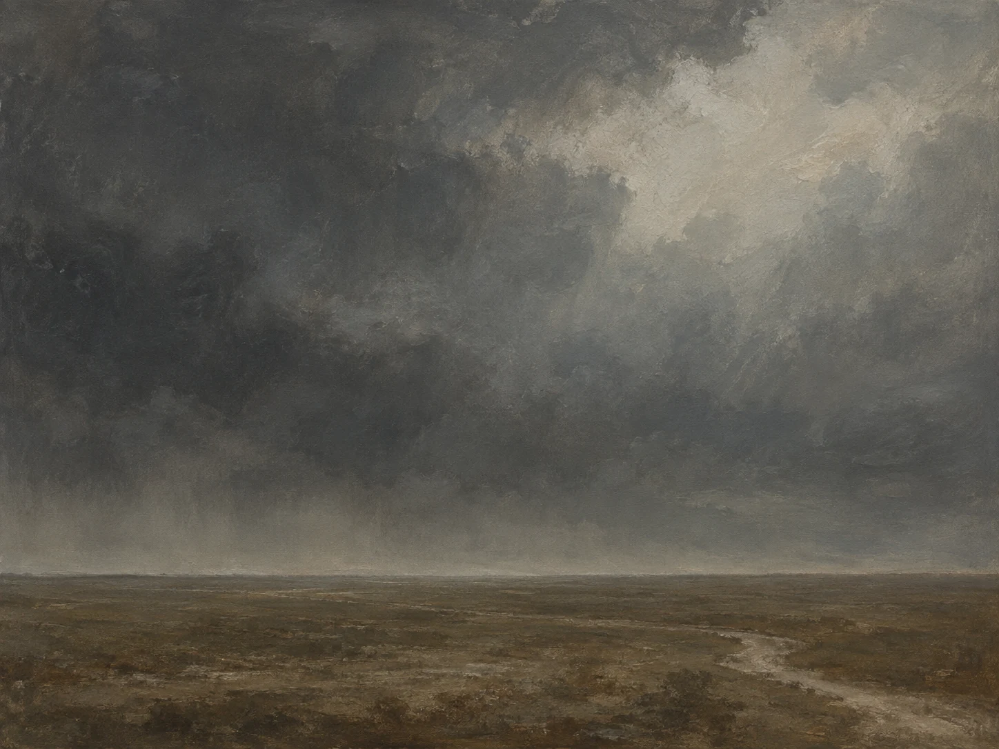 Charcoal and slate painted sky above an empty umber plain, with a faint pale track in the foreground