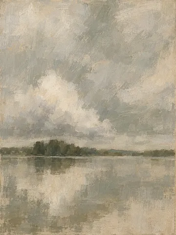 A still lake with cloud sitting on it in stone, sand, sage, gray; portrait artwork.