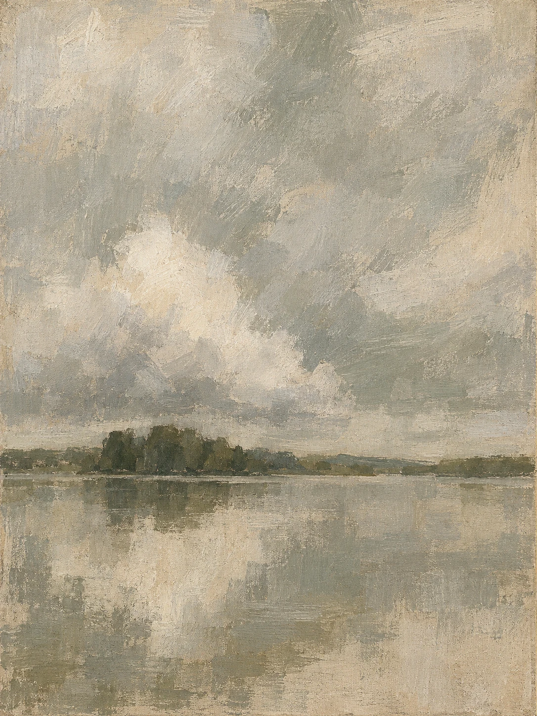 A still lake with cloud sitting on it in stone, sand, sage, gray; portrait artwork.