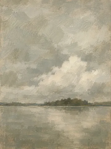 A still lake with cloud sitting on it in sand, stone, gray, sage; portrait artwork.