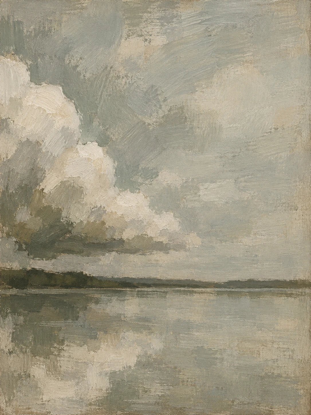 A still lake with cloud sitting on it in stone, sand, gray, taupe; portrait artwork.