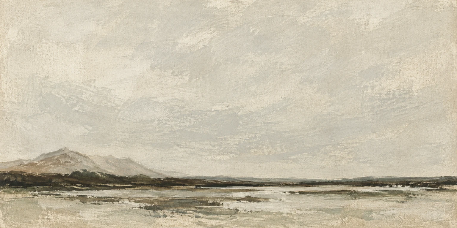 A ridge half erased by weather in cream, stone, taupe; panoramic artwork.