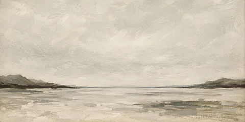 A ridge half erased by weather in cream, stone, sage; panoramic artwork.